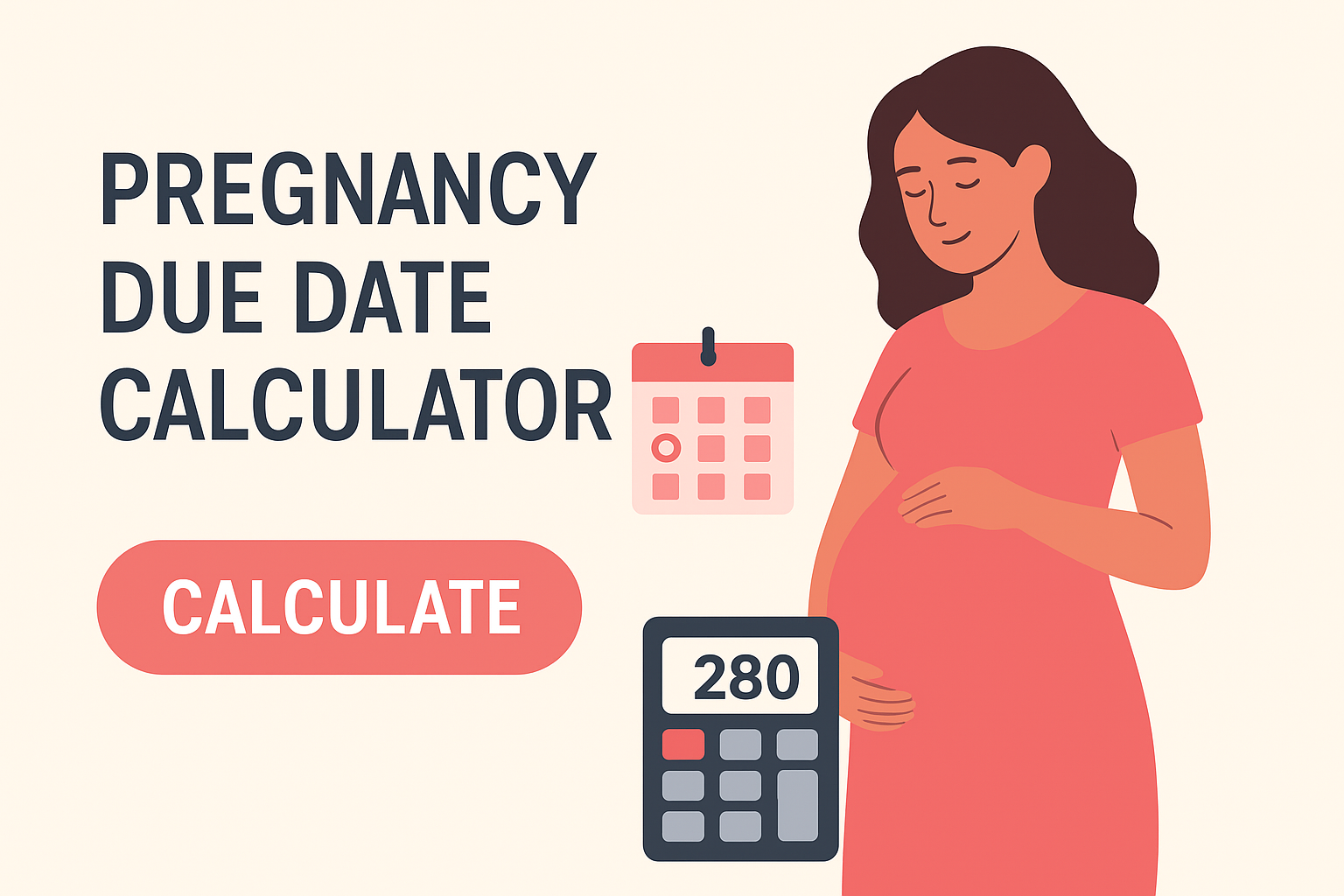 Pregnancy due date calculator illustration showing calendar, baby bump, and expected delivery date concept