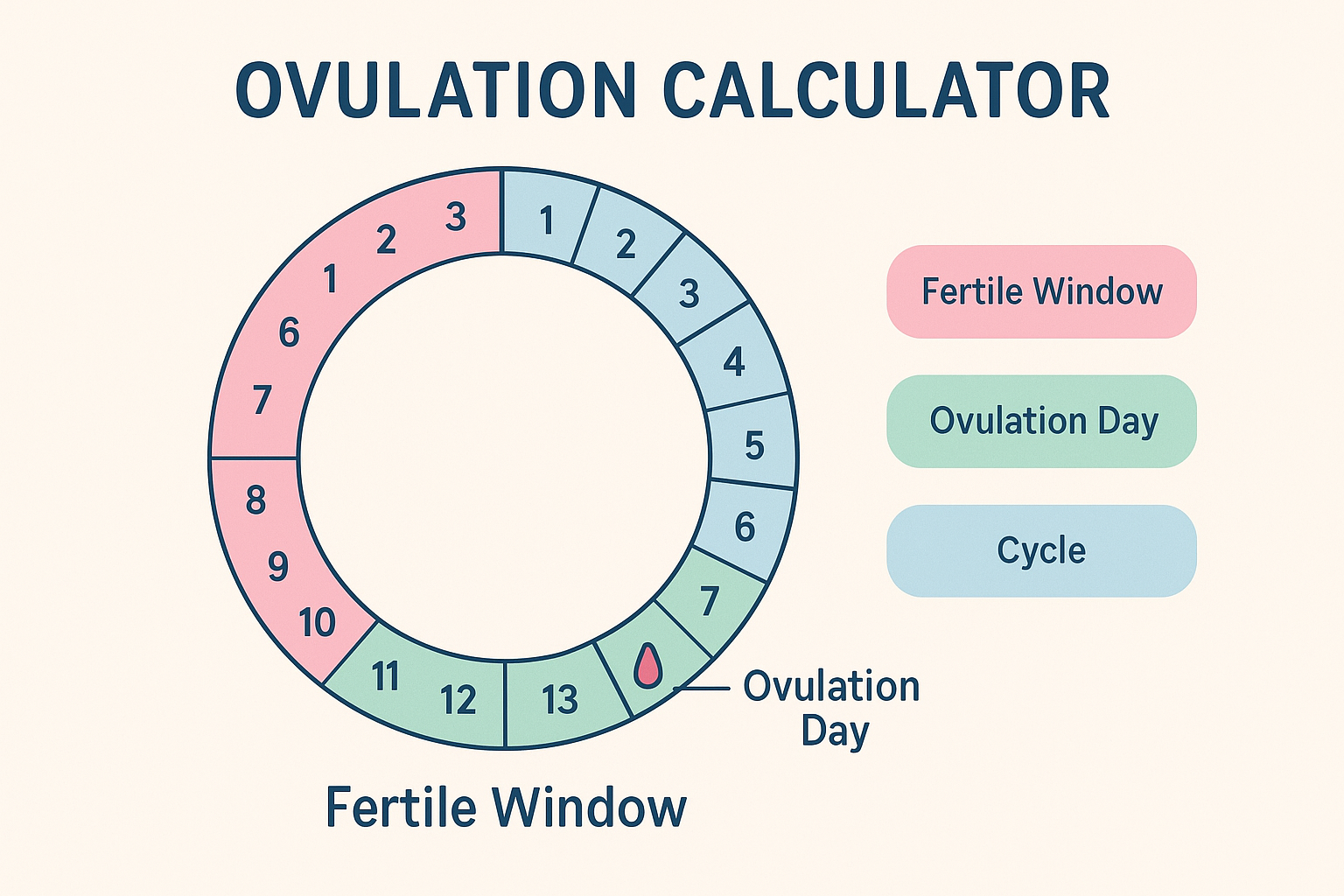 Ovulation calculator chart highlighting fertile window, ovulation day, and menstrual cycle tracking for pregnancy planning