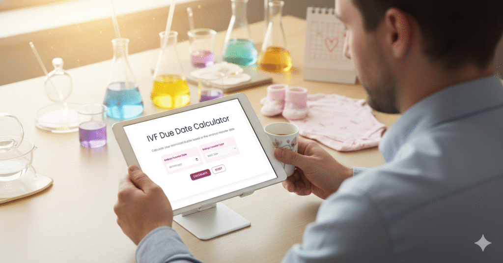 Man using the IVF Due Date Calculator tool on a tablet, with input fields for 'Embryo Transfer Date' and 'Embryo Transfer Type'. The background includes baby clothes, lab beakers, and a calendar.