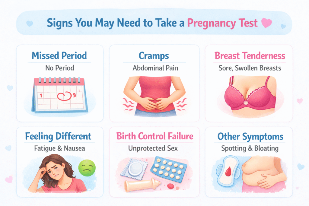 Simple blue and pink infographic showing signs you may need to take a pregnancy test, including missed period, cramps, breast tenderness, feeling different, birth control failure, and other symptoms.