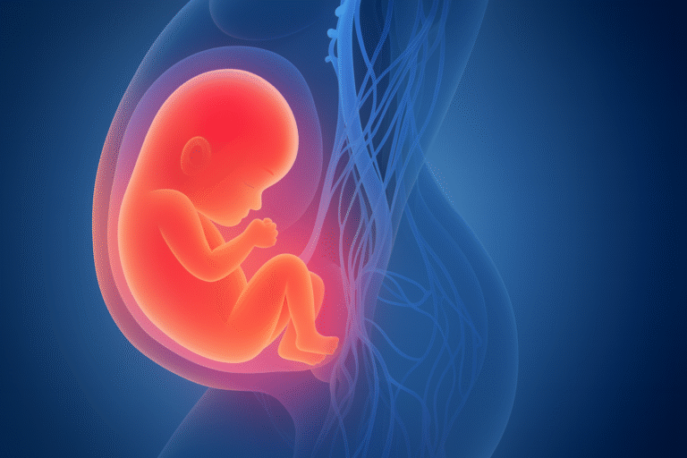 Medical illustration showing a developing fetus inside the uterus with highlighted anatomy, used to explain pregnancy and IVF stages.