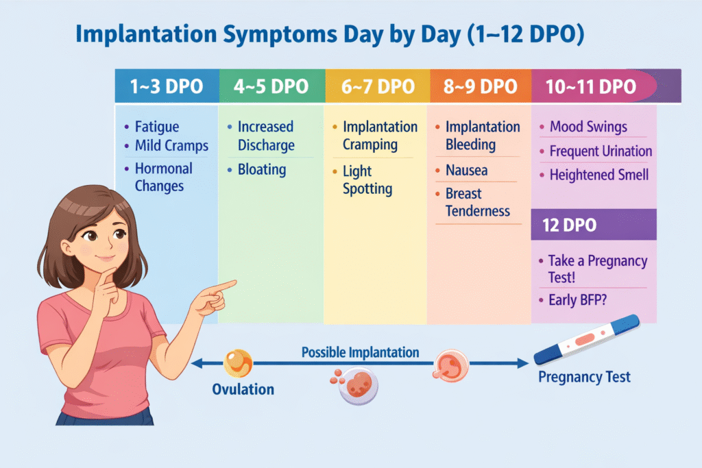 Implantation symptoms day by day from 1–12 DPO showing early pregnancy signs after ovulation