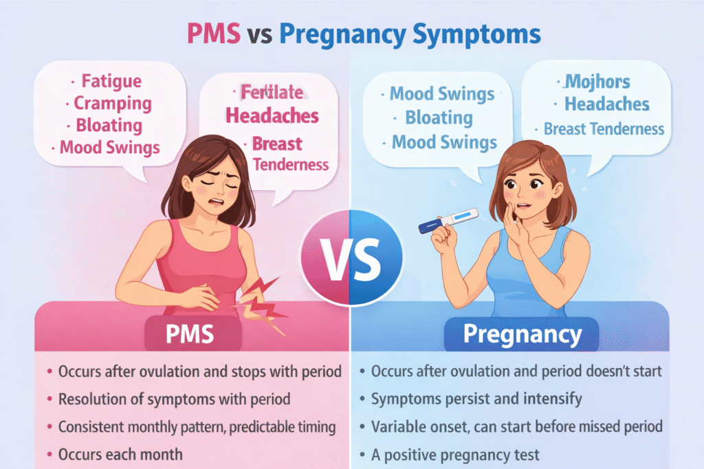 PMS vs pregnancy symptoms comparison to help interpret implantation calculator and calendar results