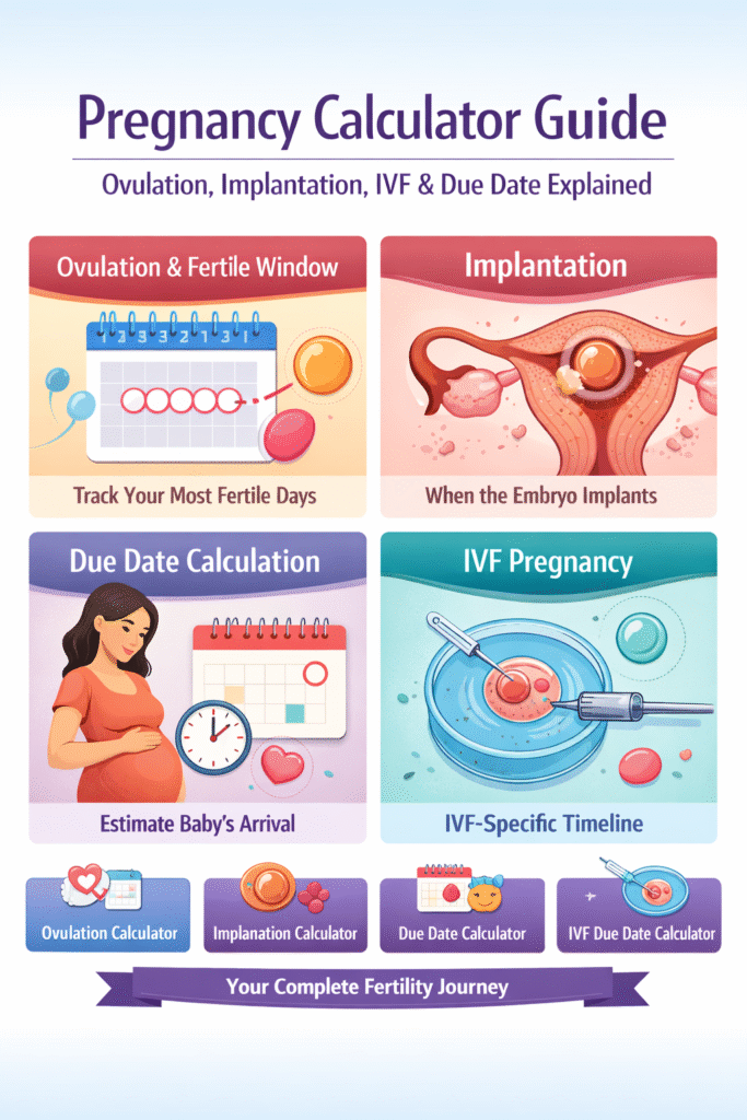 Pregnancy calculator guide infographic showing ovulation, implantation, IVF pregnancy timeline, and due date calculation stages for fertility tracking