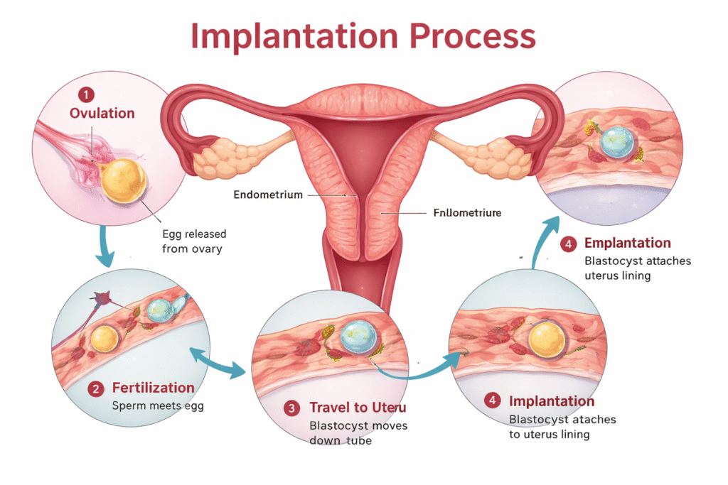 what is implantation process step by step showing fertilization and embryo attaching to uterus lining