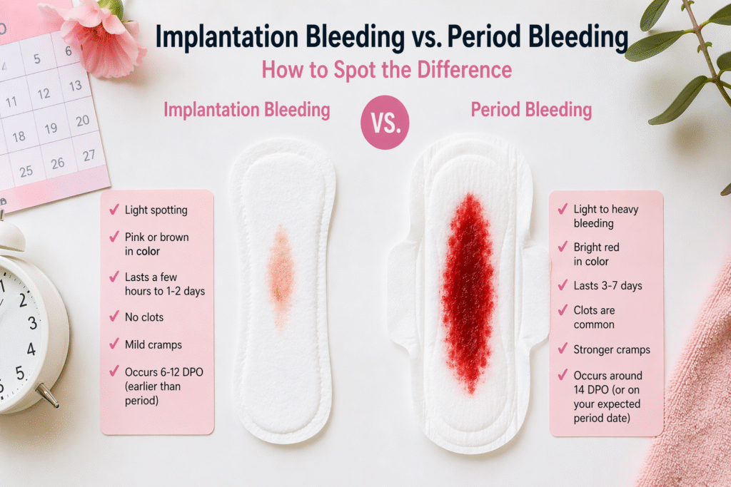 Implantation bleeding vs period bleeding differences chart showing flow, color, duration and cramps