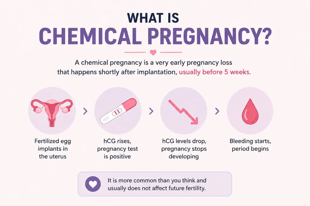Infographic explaining what is chemical pregnancy? early pregnancy loss after implantation before 5 weeks, showing hCG rise and drop with bleeding